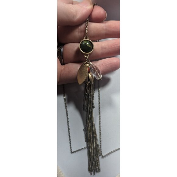Ann Taylor Loft Floral Green And Gold Tone Tassel Necklace - Picture 3 of 7